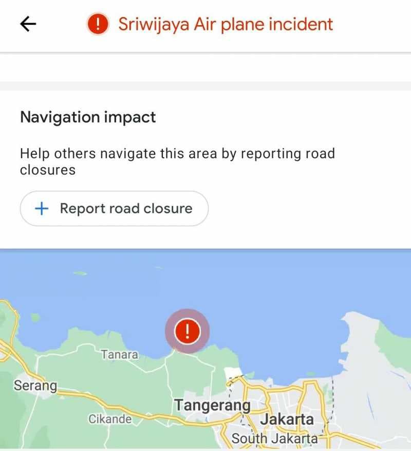Google Maps Tampilkan Titik Jatuh Pesawat Sriwijaya Air